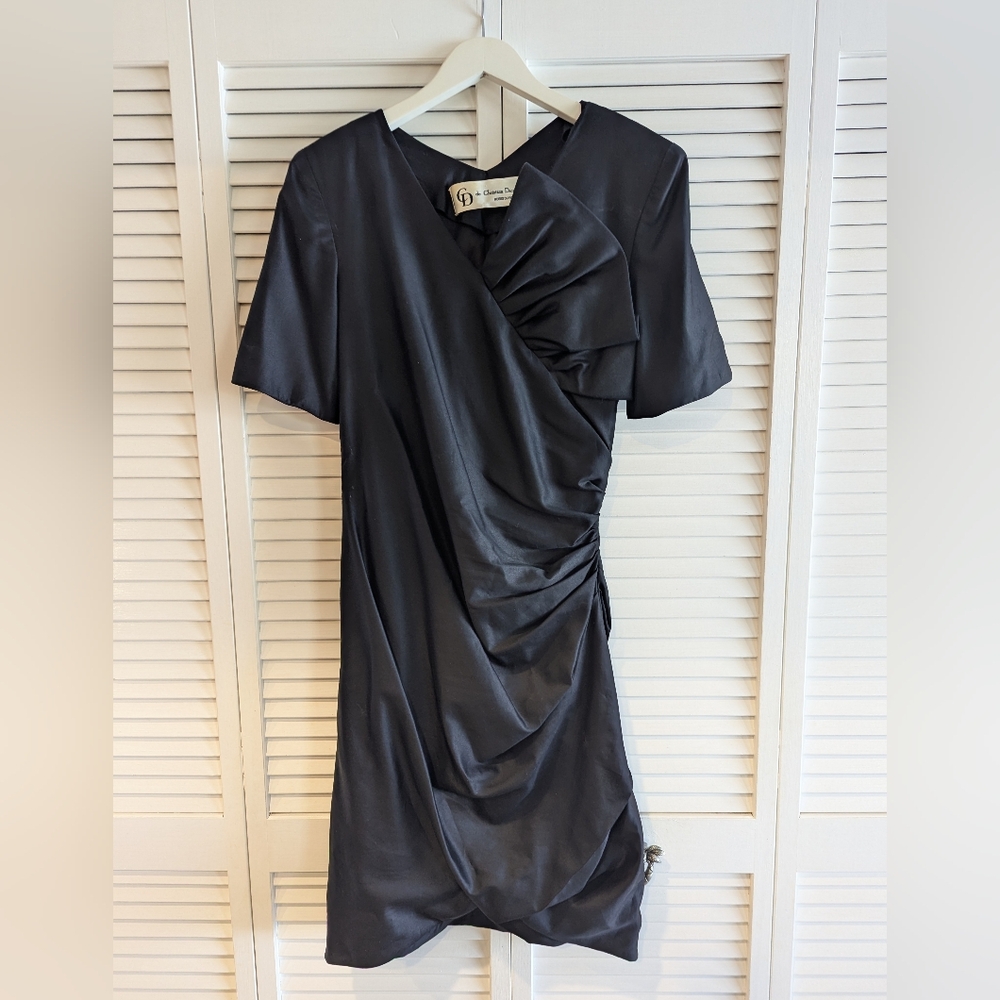 Christian Dior Robes Du Soir Vintage Black Ruched V-Neck Mini Dress